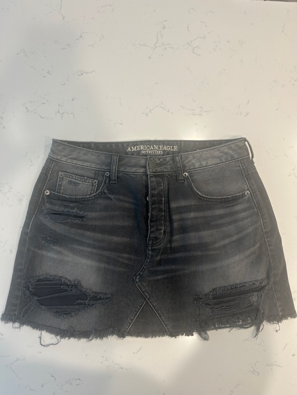 American Eagle Outfitters Distressed Washed Black Denim Mini Skirt